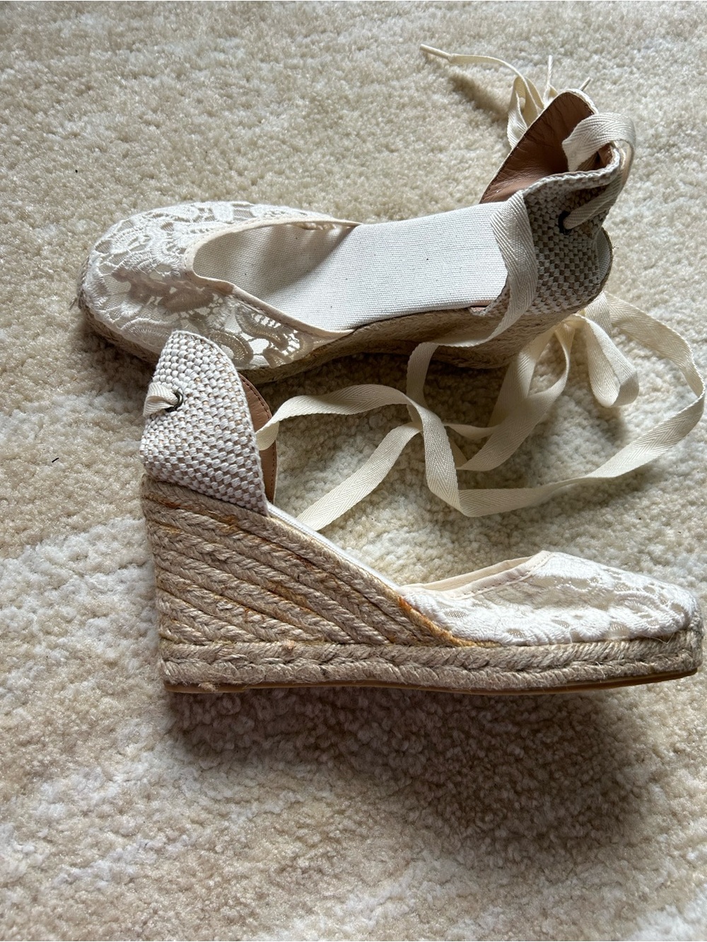 Soludos Ivory Lace Espadrille Wedge Sandals Ankle Tie Made In Spain Size 9